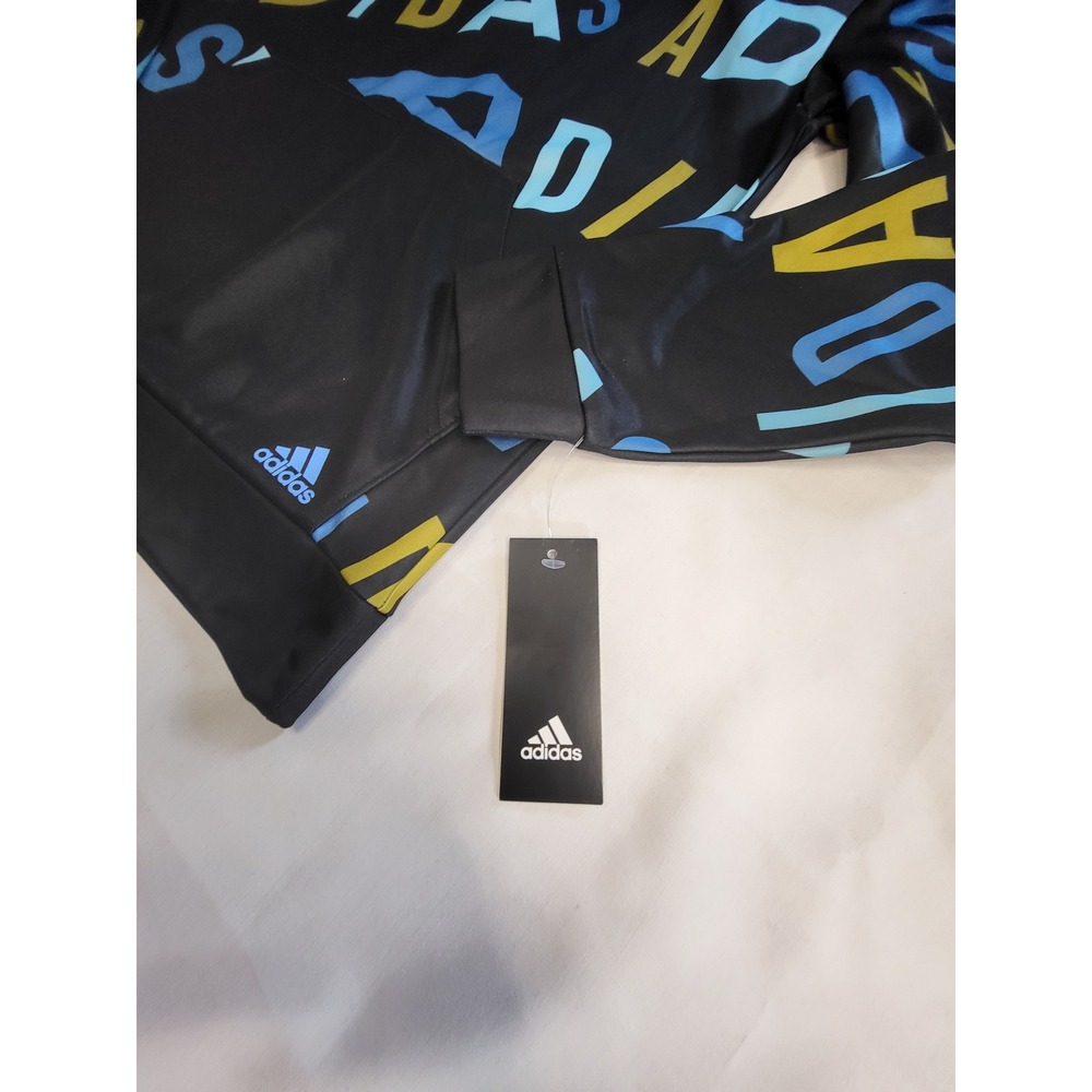Adidas Boys XL 18/20 Hoodie Black Blue Yellow All Over Logo Print AA7642 NEW - Picture 3 of 8